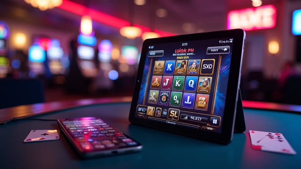 Phone and tablet displaying a game app in a casino-themed setting