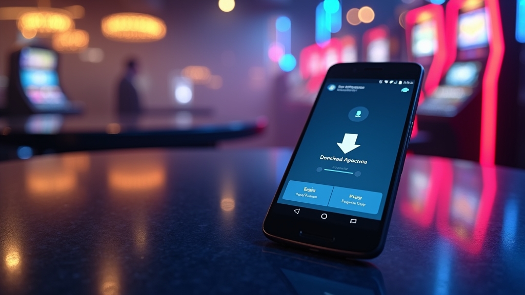 Android phone showing a game download screen in a dark casino setting