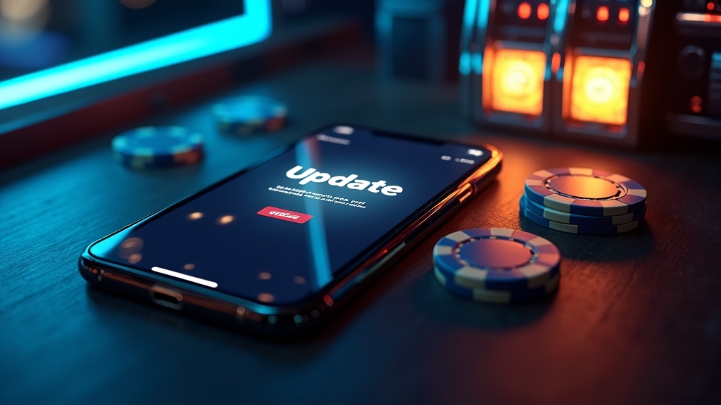 Smartphone update screen beside casino chips and slot lights