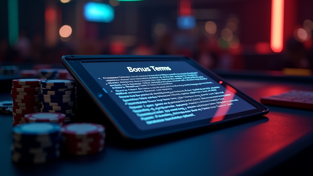 Bonus terms table on a tablet in a dark casino scene