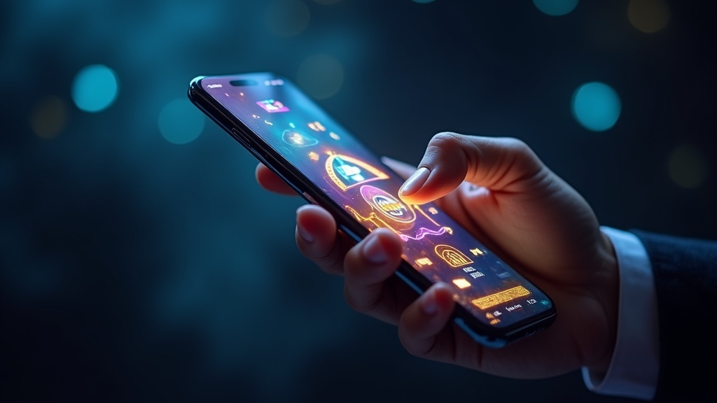 Hand holding a smartphone with a casino-themed game app interface